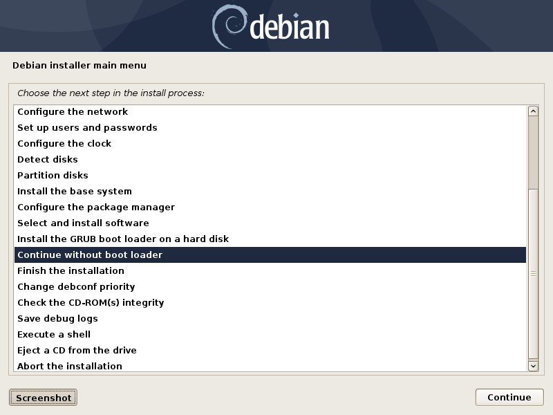 Debian installer main menu